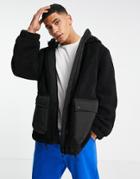 Topman Sherpa Zip Through Hooded Jacket In Black