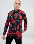 Religion Revere Collar Shirt In Rayon With Red Blossom Print - Black
