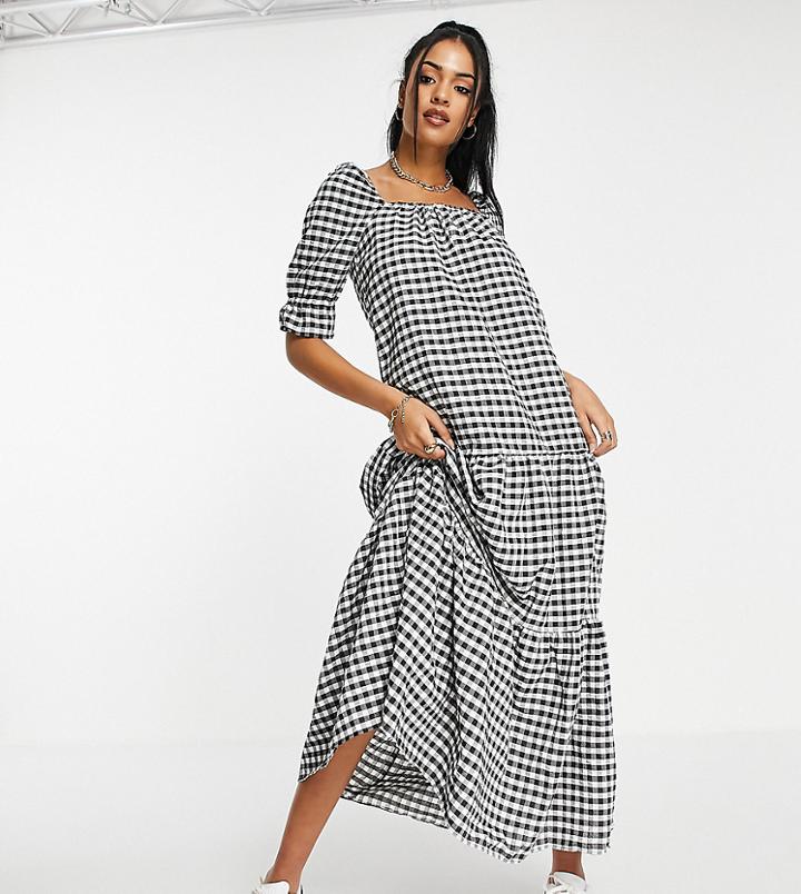 Asos Design Tall Tiered Maxi Smock Dress In Mono Gingham-multi