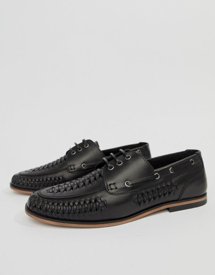 Asos Design Lace Up Weave Shoes In Black Leather - Black