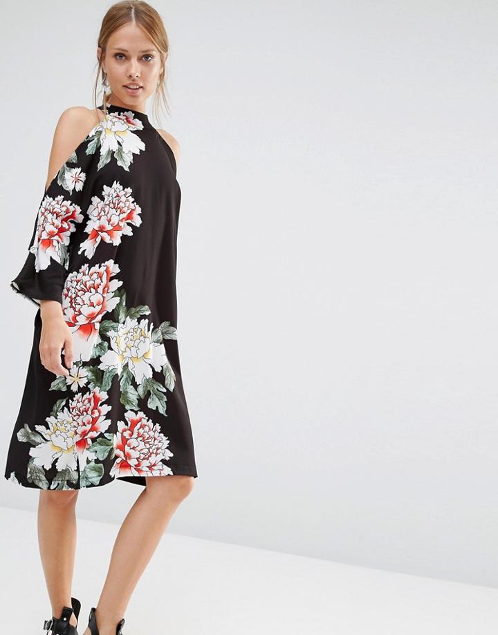 Liquorish Floral Printed Cold Shoulder Oversized Midi Dress - Black