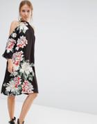 Liquorish Floral Printed Cold Shoulder Oversized Midi Dress - Black