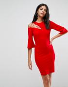 Asos Fluted Sleeve Shift Dress With Ladder Detail - Red
