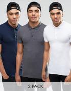 Asos Extreme Muscle Jersey Polo 3 Pack White/ Charcoal/ Navy Save 20% - Multi