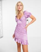 Asos Design Satin Mini Dress With Cup Detail In Purple Floral Print-multi