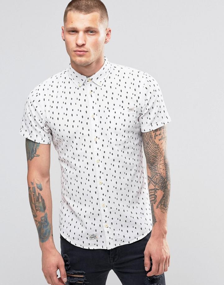 Blend Short Sleeve Slim Shirt Diamond Print - White