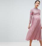 Little Mistress Maternity Embroidered Lace Top Midaxi Dress With Pleated Skirt - Pink