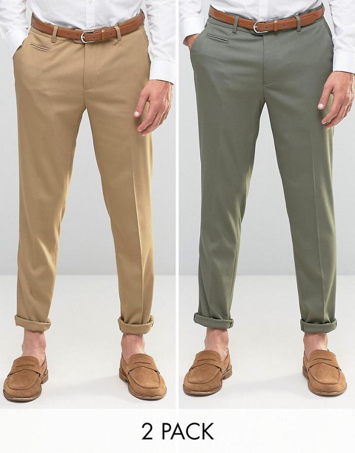 Asos 2 Pack Skinny Smart Trousers In Brown And Khaki - Multi