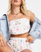 River Island Monogram Terrycloth Lounge Bandeau Top In Cream - Part Of A Set-white