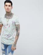 Asos Design Longline T-shirt In Linen Look With Floral Print - Blue
