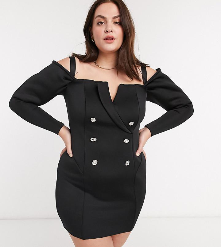 Asos Design Curve Embellished Buttons Off Shoulder Tux Mini Dress In Black