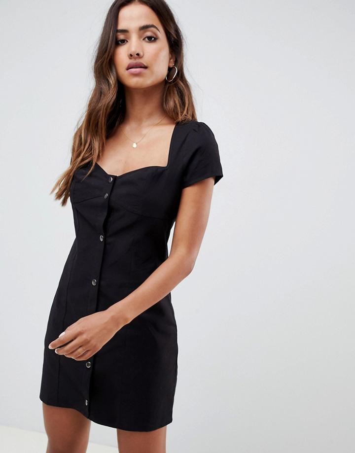 Asos Design Casual Popper Front Mini Dress With Sweetheart Neck-black