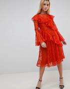 Asos Lace Midi Dress With Ruffles And Fluted Sleeves - Orange