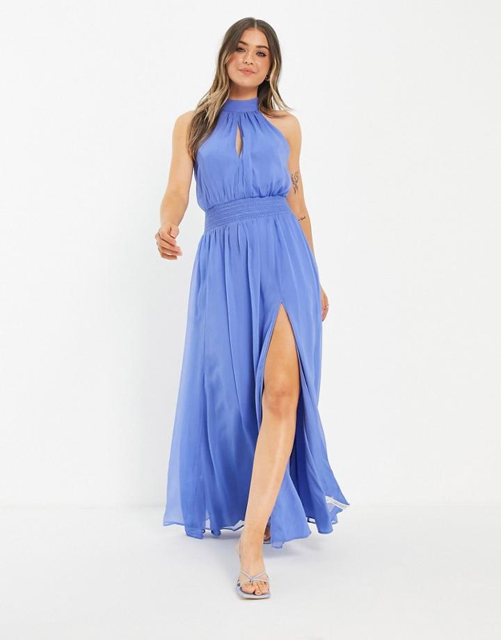 Asos Design High Neck Soft Maxi Dress With Shirred Waist Detail In Blue-multi