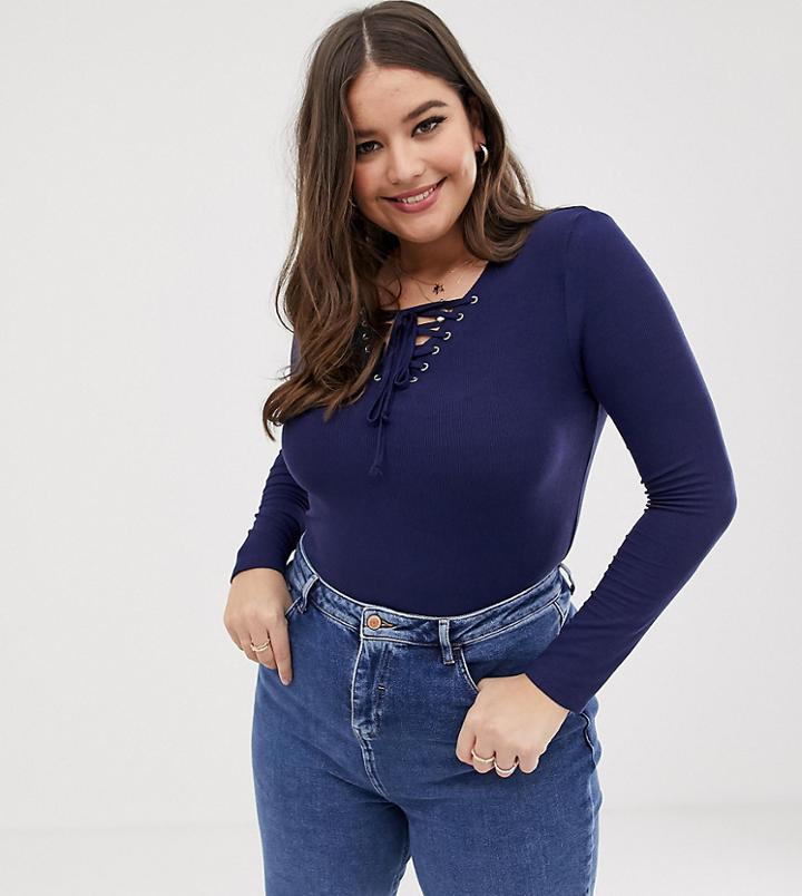 Brave Soul Plus Tara Long Sleeve Top With Lace Up Front-navy