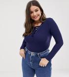 Brave Soul Plus Tara Long Sleeve Top With Lace Up Front-navy