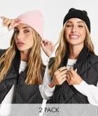 Asos Design 2 Pack Rib Beanie With Deep Turn Up In Pink And Black-multi
