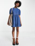 Lola May Oversized Denim Smock Dress In Mid Wash Blue-blues