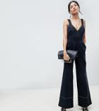 Asos Design Tall Jumpsuit In Twill With Tie Detail And Wide Leg - Black