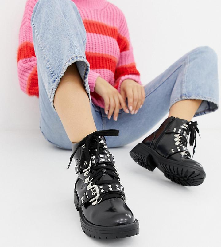Truffle Collection Wide Fit Chunky Ankle Boots - Black