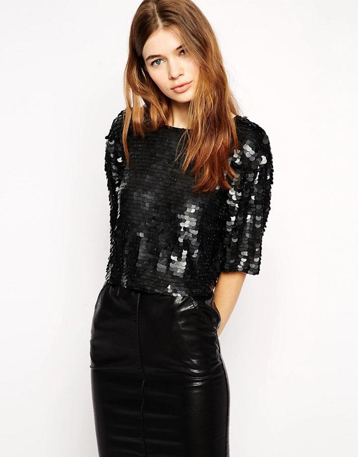 Asos Crop Top In All Over Matte Disc Sequin - Black