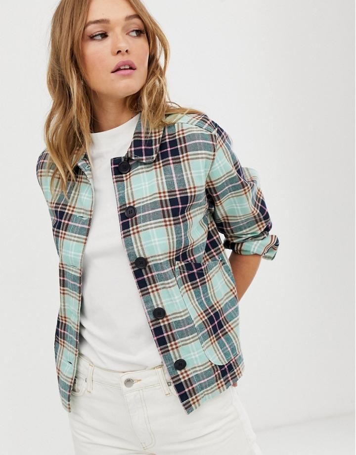 Monki Button Up Jacket With Check Print In Multi