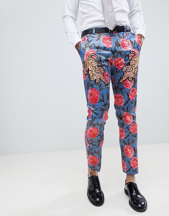 Asos Edition Skinny Suit Pants In Blue Floral Print With Tiger Patches - Blue