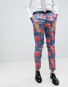 Asos Edition Skinny Suit Pants In Blue Floral Print With Tiger Patches - Blue
