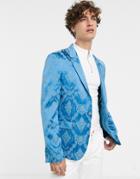 Asos Edition Slim Suit Jacket In Blue Tonal Jacquard - Blue
