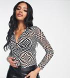 Missguided Mesh Long Sleeve Shirt In Optical Check-black