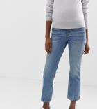 Asos Design Maternity Recycled Egerton Rigid Cropped Flare Jeans In Mid Stonewash Blue With Under The Bump Waistband - Blue