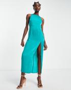 Asos Design Square Neck Satin Maxi Dress With Ruched Skirt-blue
