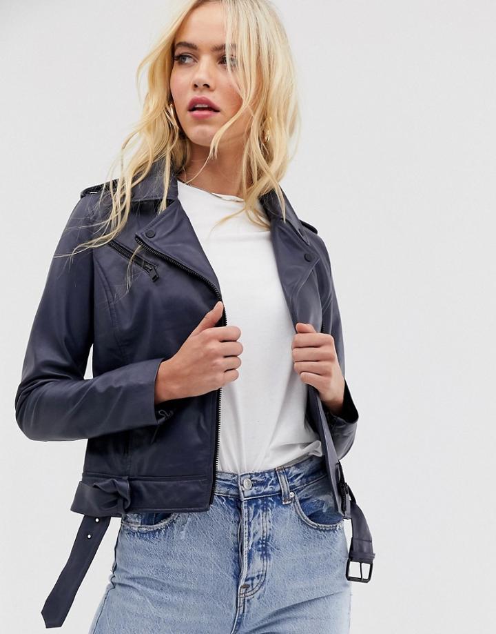 Barney's Originals Colored Leather Biker Jacket In Navy