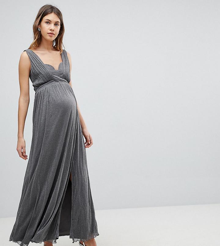 Little Mistress Maternity Metallic Jersey Maxi Dress With Wrap Detail - Silver