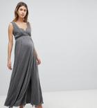 Little Mistress Maternity Metallic Jersey Maxi Dress With Wrap Detail - Silver