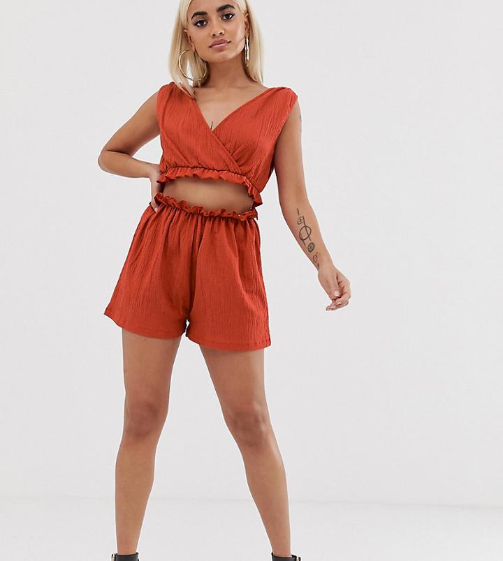 Asos Design Petite Jersey Beach Shorts In Crinkle With Paperbag Waist - Brown