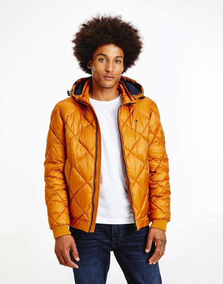 Tommy Hilfiger Diamond Quilted Hooded Puffer Jacket In Gold