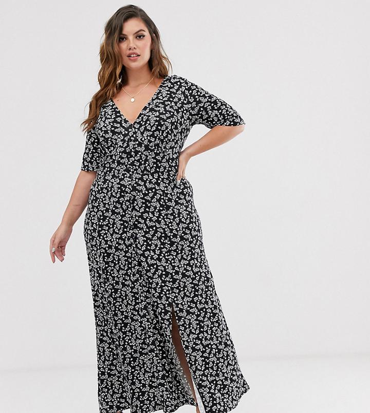 Asos Design Curve Button Through Maxi Tea Dress With Splits In Ditsy Print-multi