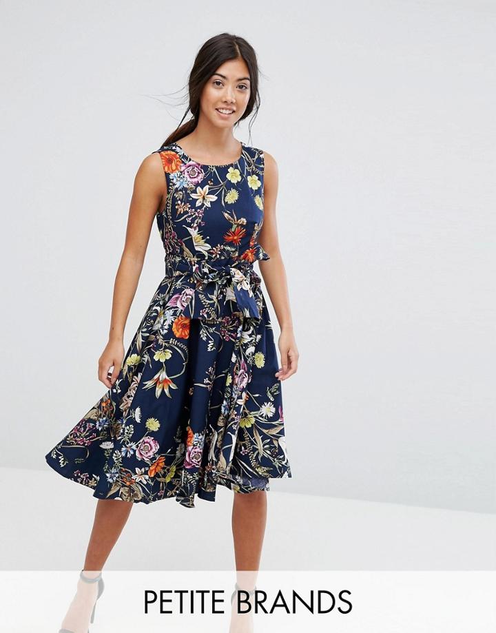 Uttam Boutique Petite Floral Belted Skater Midi Dress - Navy