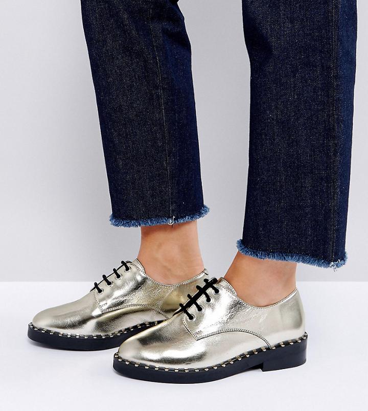 Asos Marianne Wide Fit Premium Leather Flat Shoes - Gold