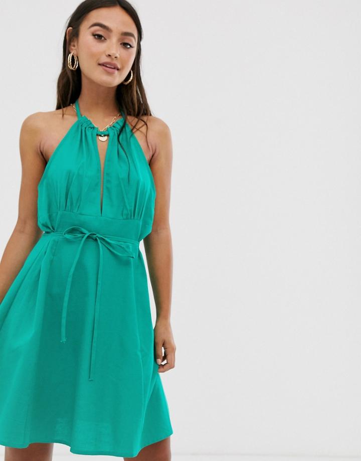 Asos Design Halter Mini Skater Sundress With Tie Belt-green