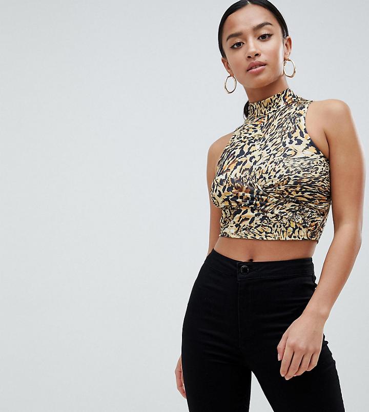 Asos Design Petite Sleeveless Twist Front Crop Top In Animal Print - Multi