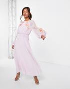 Asos Design Textured Shirred Waist Open Back Pleated Midi Dress With Embroidery In Lilac-purple