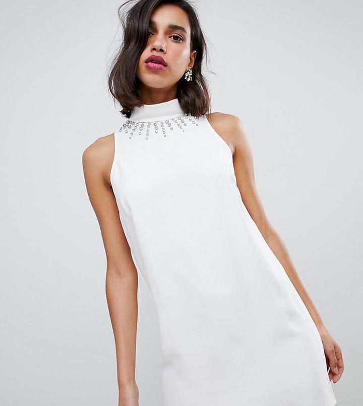 River Island Swing Dress With Embellished Neckline In Ivory - White