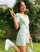 Violet Romance Denim Romper With Belted Waist In Mint-green