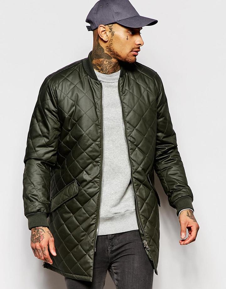 Asos Longline Quilted Bomber Jacket Khaki - Khaki