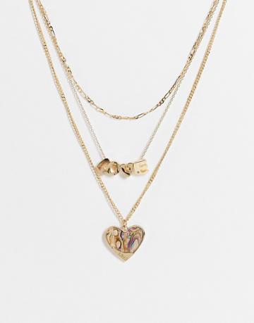 Glamorous Multirow Necklace With Love And Faux Heliotrope Heart In Gold