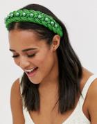 Asos Design Headband In Woven Braid Design With Pearl Embellishment - Green