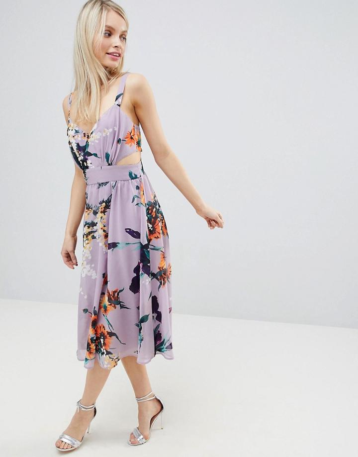 Asos Design Lilac Floral Print Midi Dress With Cut Out Side - Multi
