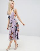 Asos Design Lilac Floral Print Midi Dress With Cut Out Side - Multi
